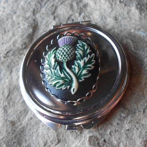 Hand Painted Scottish Thistle Cameo Compact Mirror - Makeup Mirror, Lipstick Mirror, Beauty, Pill Case, Stash, Holder, Scotland