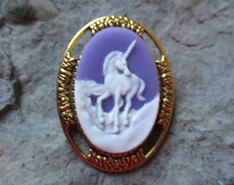 Choose Purple or Black - Unicorn Cameo Gold Brooch - Mythical - Magical