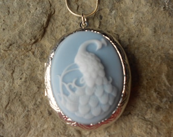 Choose Silver or Bronze - Peacock Pendant Locket -- White on Baby Blue--  2" long---.925 plated 22" Chain--- Great Quality