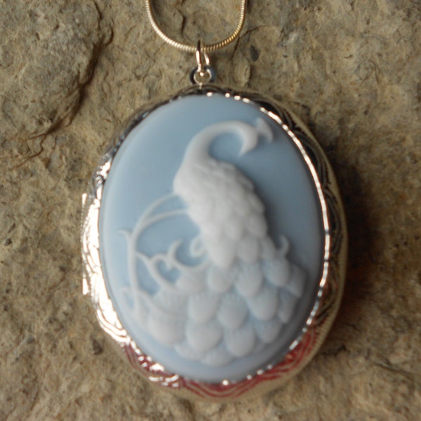 Choose Silver or Bronze - Peacock Pendant Locket -- White on Baby Blue--  2" long---.925 plated 22" Chain--- Great Quality