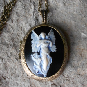 LOCKET--Stunning Guardian Angel Cameo (hand painted) (Blue) Bronze Pendant Locket -  2&quot; long--Antiqued Look--- Great Quality