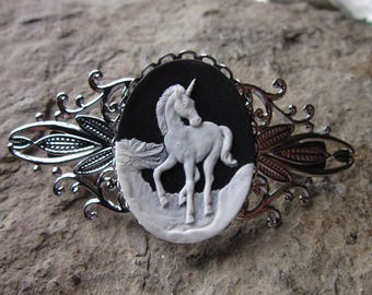 Choose Black or Purple Unicorn - Pegasus Cameo Silver Filigree Barrette - Hair Accessory - Mystical - Hair - Bridal Accessory - Floral