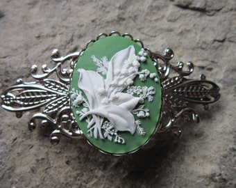 Lily of the Valley on Green Cameo Silver Filigree Barrette - Hair Accessory - Bride - Hair - Bridal Accessory - Floral
