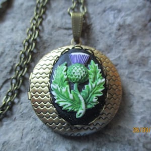 Bronze Round Locket with Hand Painted Scottish Thistle Cameo -  Antique look - Vintage Look - Scotland - Celtic