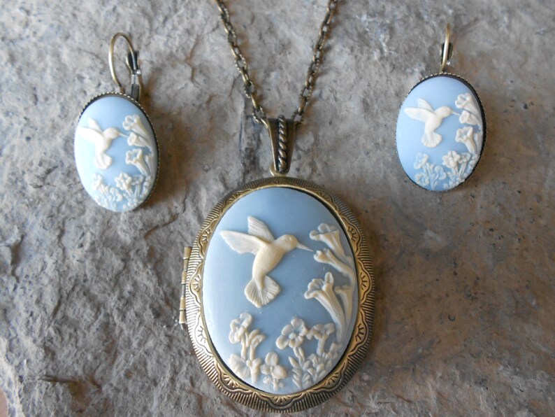 Quality Hummingbird Bronze Locket and French Lever Back Earrings Set - Antiqued Look Blue Wedding -Bridesmaid