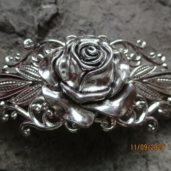 Silver Rose Filigree Barrette - Hair Accessory - Hair - Unique Rose Barrette - Floral Barrette