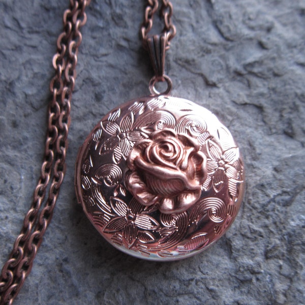 Rose Gold Plated Round Locket with a Rose - High Quality - Weddings, Photos, Keepsakes, Valentine's Day - Bridal - Bridesmaids