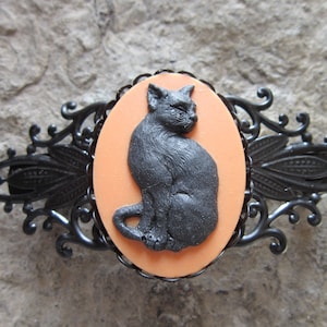 Halloween Black Cat on Orange Cameo Black Filigree Barrette - Hair Accessory - Witch Accessory - Spooky - Hair Jewelry - Halloween Accessory