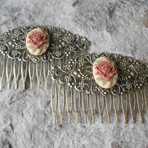 Pair of Chocolate Brown Rose Cameo Bronze Filigree Hair Combs - Hair Accessory - Barrettes - Wedding - Bridal - Formal - Prom - Evening