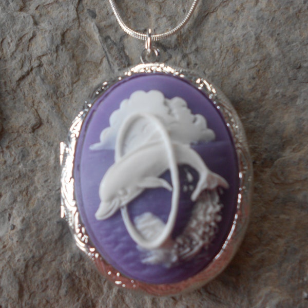 LOCKET--Stunning Dolphin (white on purple) Pendant Locket--  2" long---.925 plated 22" Chain--- Great Quality