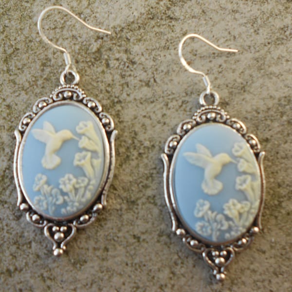 Gorgeous Ivory Hummingbird (on a blue background) Cameo Earrings!!! .925 Hooks!!!  Quality!!!
