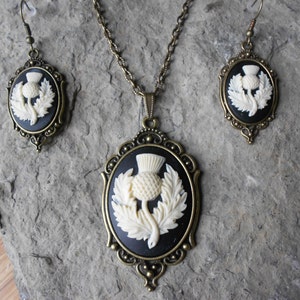 Stunning 2 Piece Bronze Set- Scottish Thistle Cameo Necklace and Earrings- Scotland&#39;s Emblem-- Quality