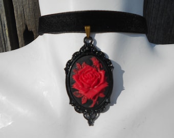 Choose Red/Black or Black/Purple - Black Velvet Choker with Rose Cameo - Victorian, Formal, Prom, Evening, Renaissance, Steampunk, Goth