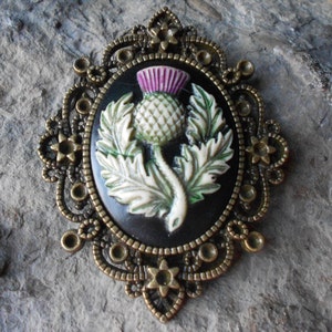 Hand Painted - Scottish Thistle - Scotland&#39;s National Emblem -  Cameo Necklace  - 2&quot; Long - Bronze Setting, Bronze Chain