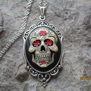 Choose Silver or Bronze - Hand Painted - Mexican Sugar Skull - Skull Cameo Necklace - Day of the Dead - Dia de los Muertos