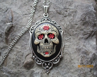 Choose Silver or Bronze - Hand Painted - Mexican Sugar Skull - Skull Cameo Necklace - Day of the Dead - Dia de los Muertos