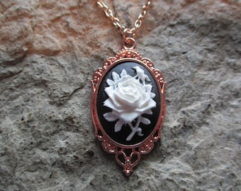 Choose White Rose or Black Rose Cameo Rose Gold Tone Pendant Necklace - Unique - Formal - Floral - Bridal