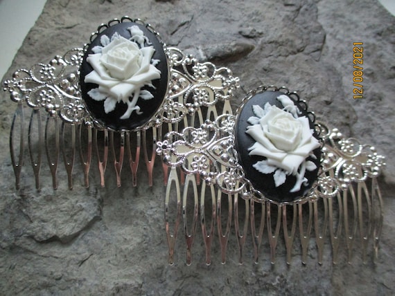 Choose Silver or Gold - Pair of White Rose Cameo Filigree  display picture 3