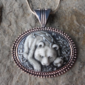 Bear with her Cub Hand Painted Cameo Pendant Necklace -  .925 plated - Bear Cub
