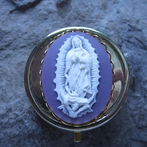 Choose Cameo Color- Lady of Guadalupe - Virgin Mary Cameo Gold Pill Box - Religious - Pill Case - Meds - Medication Organizer