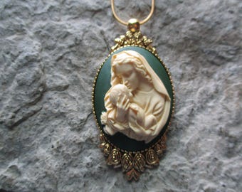 Choose Burgundy, Green or Purple - Virgin Mary Kissing Baby Jesus Hand Painted Cameo Gold Necklace, Mother, Religious, Christmas, Holiday