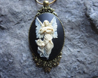 Choose Black or Blue - Stunning Guardian Angel Cameo Gold Pendant Necklace - Religious, Christmas, Easter - Great Quality