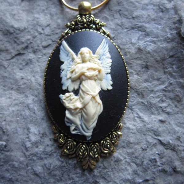 Choose Black or Blue - Stunning Guardian Angel Cameo Gold Pendant Necklace - Religious, Christmas, Easter - Great Quality