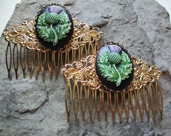 Choose Gold or Silver - Hand Painted Pair of Scottish Thistle Cameo Filigree Hair Combs - Celtic - Accessory -Hair Clips - Celtic -Scotland