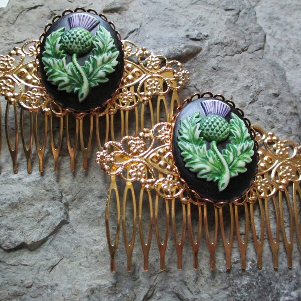 Choose Gold or Silver - Hand Painted Pair of Scottish Thistle Cameo Filigree Hair Combs - Celtic - Accessory -Hair Clips - Celtic -Scotland