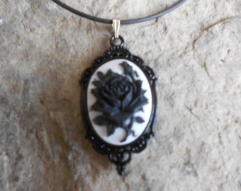 Stunning Black Rose Cameo Pendant Necklace--- Great Quality--- Unique Piece