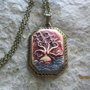 Choose Bronze or Silver - Hand Painted Kraken and Clipper Ship in Waves Cameo Necklace - Octopus - Squid - Sea Monster - Victorian Goth