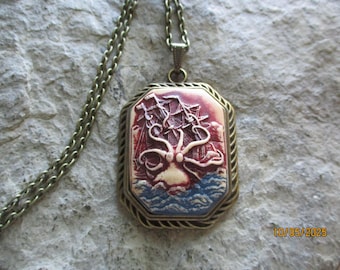 Choose Bronze or Silver - Hand Painted Kraken and Clipper Ship in Waves Cameo Necklace - Octopus - Squid - Sea Monster - Victorian Goth