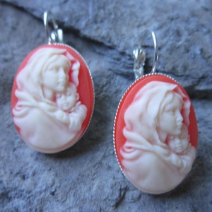 Choose Silver, Gold or Bronze - Virgin Mary Cradling Baby Jesus Cameo French Lever Back Earrings - Quality - Religious - Christmas - Easter