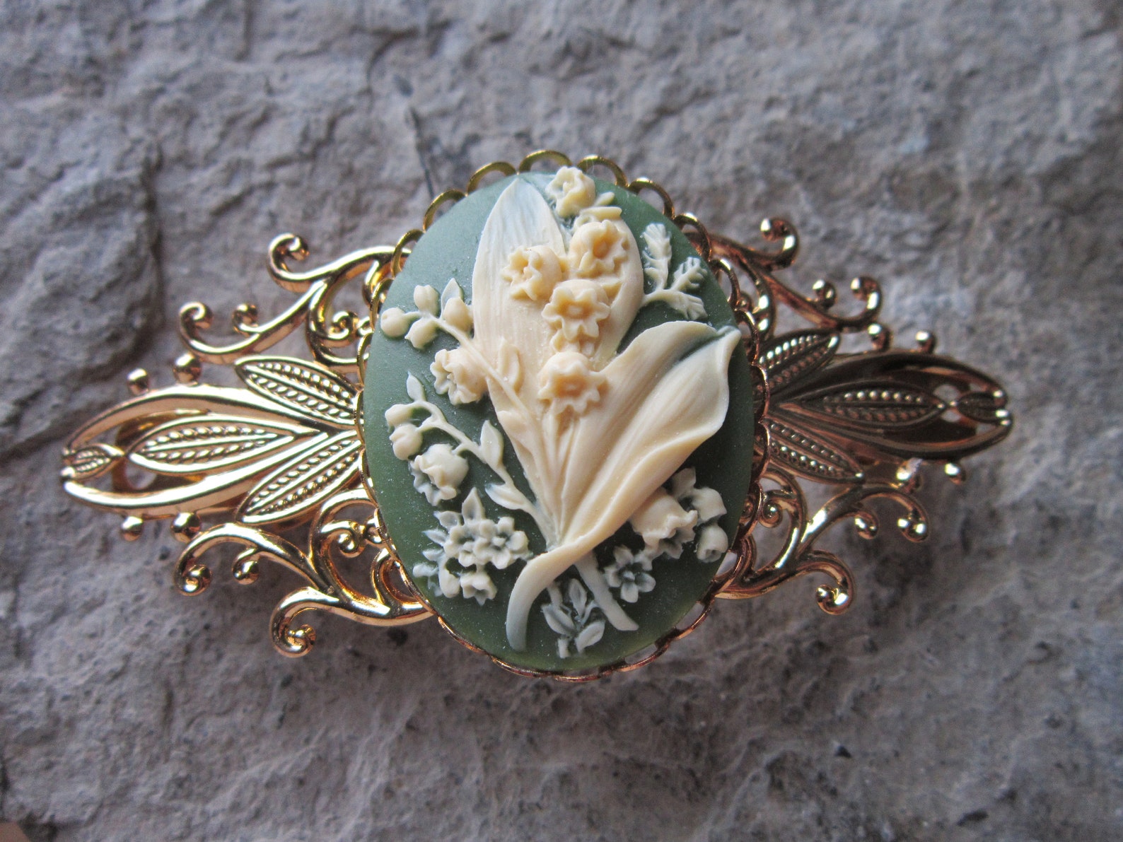 Choose Green, Black, Lavender or Burgundy - Lily of the Valley Cameo Gold Filigree Barrette - Hair Accessory - Bride - Hair - Bridal