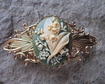 Choose Green, Black, Lavender or Burgundy - Lily of the Valley Cameo Gold Filigree Barrette - Hair Accessory - Bride - Hair - Bridal