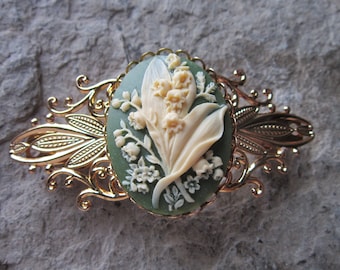 Choisissez entre vert, noir, lavande ou bordeaux - barrette en filigrane d'or camée muguet - accessoire de cheveux - mariée - cheveux - mariée