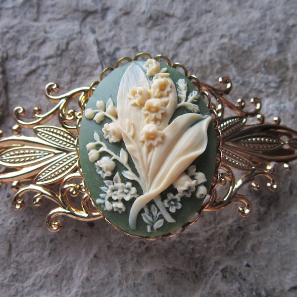 Choose Green, Black, Lavender or Burgundy - Lily of the Valley Cameo Gold Filigree Barrette - Hair Accessory - Bride - Hair - Bridal