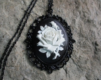 White Rose on Black Cameo Necklace - Black Setting - Black 24" Link Chain - Wedding - Bridal - Floral -