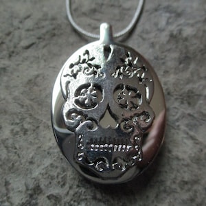 Sugar Skull Stainless Steel Urn Necklace - Ashes - Lock of Hair - Memorial - Day of the Dead