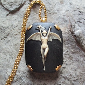 Vampire, Vampiress, Bat Woman Hand Painted Cameo Brass Necklace - Victorian Goth - Goth - Dark - Devil - Demon