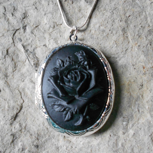 Cameo Locket!!! Black Rose on Black !!! High Quality!!!  Weddings, Photos, Keepsakes, Goth, Rockabilly, Punk