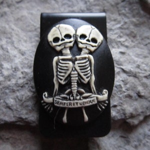 Conjoined, Siamese Skeleton Twins (Hand Painted) Cameo Black Money Clip - Biker - Dad - Anniversary - Father's Day