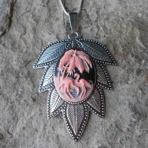 Stunning Pink Flamingos, Palm Tree and Ocean (on black) Cameo Pendant Necklace---.925 plated 22&quot; Chain--- Great Quality