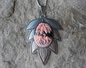 Stunning Pink Flamingos, Palm Tree and Ocean (on black) Cameo Pendant Necklace---.925 plated 22" Chain--- Great Quality