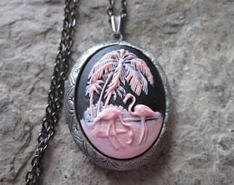 Choose Antiqued Silver or Bronze - Pink Flamingo (s) Locket - Tropical, Vacation, Cruise, Quality -Photos, Keepsakes. Unique