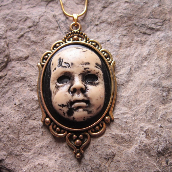 Hand Painted Creepy Baby Doll Cameo Antiqued Gold Pendant Necklace - Scary Doll - Zombie Baby - Zombie - Creepy Doll