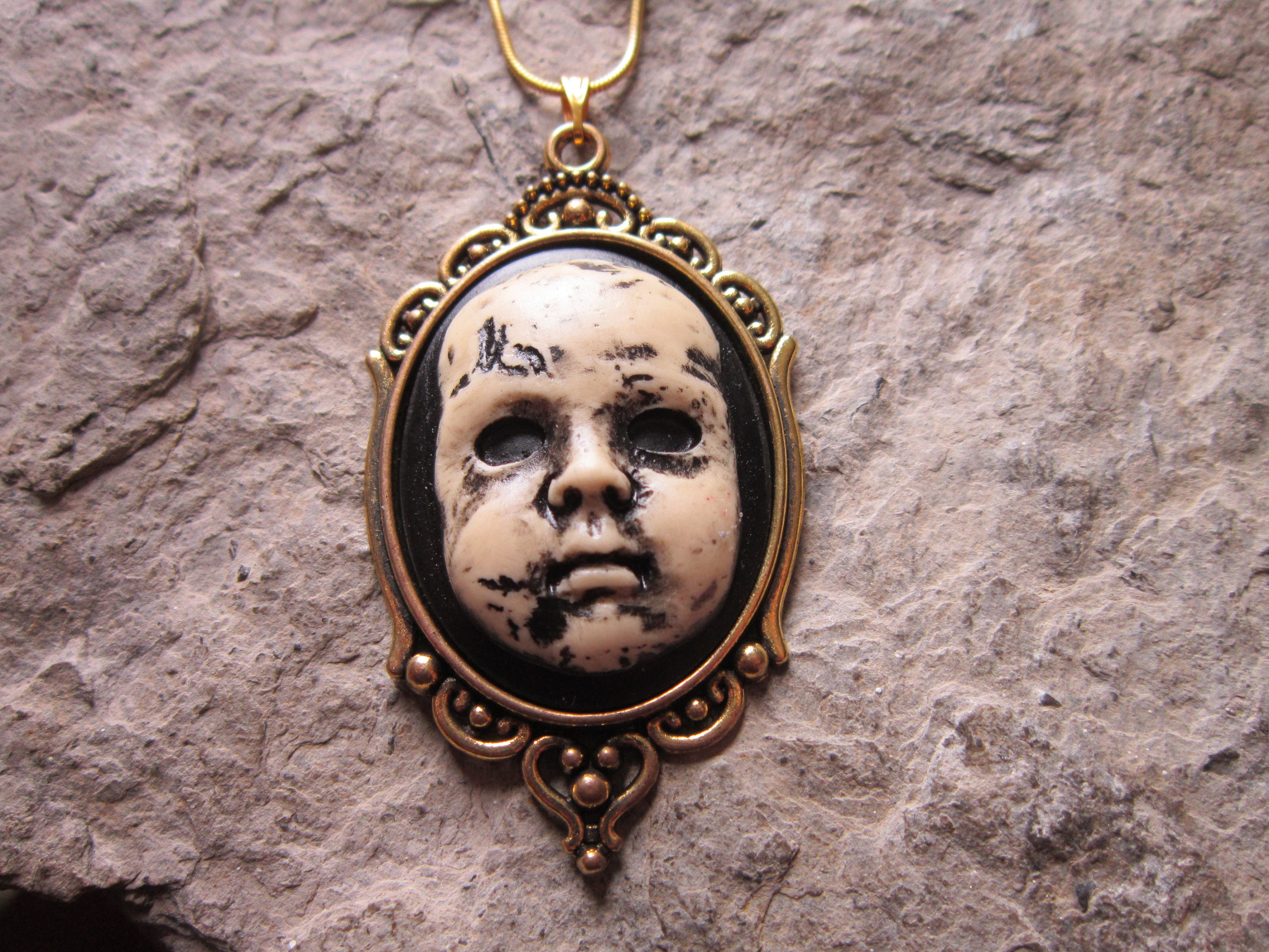 Hand Painted Creepy Baby Doll Cameo Antiqued Gold Pendant Necklace Scary Doll Zombie Baby Zombie Creepy Doll