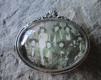 Choose Silver or Gold - Halloween Vintage 1800's Photo of a Group of Witches Glass Cabochon Brooch, Pin Witch, Costume Accessory