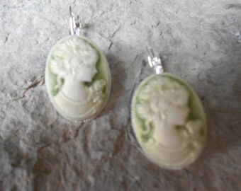Gorgeous Victorian Woman Portrait Cameo French Lever Back Earrings!!! Green, Wonderful Quality!!!