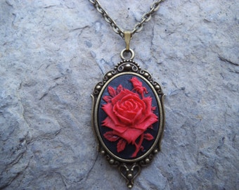 Beautiful Red - Black Rose Cameo Necklace - Bronze Setting, Bronze Chain - Christmas
